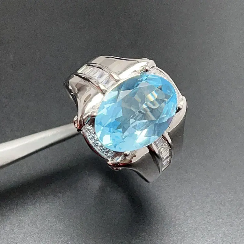 Sky Blue Topaz Ring for Men Daily Wear 10mm*14mm 6ct Natural Topaz Silver Men Ring Silver Gemstone Jewelry with Gold Plated