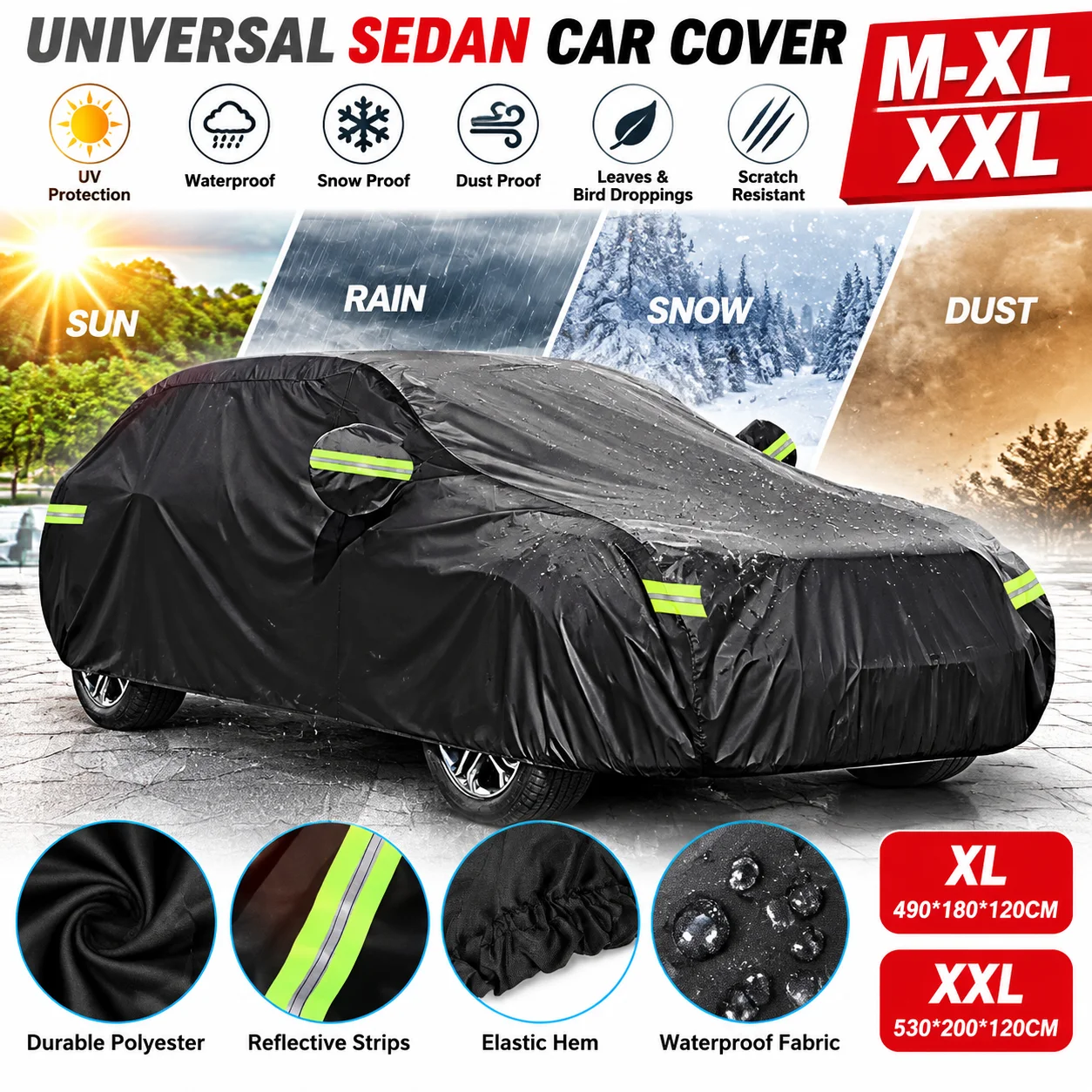 Telo Copriauto Universale per Berlina con Strisce Riflettenti, Impermeabile, Protezione Completa da Sole, Pioggia, Neve, Raggi UV e Polvere, in Poliestere, per Berlina M-XL XXL