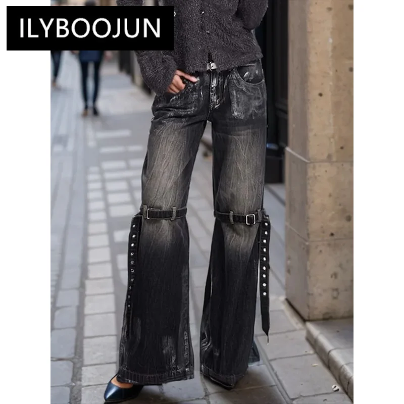 

Streetwear Patchwork Belt Chic Jeans For Women Designer Casual Wide Leg Pant Style Brand