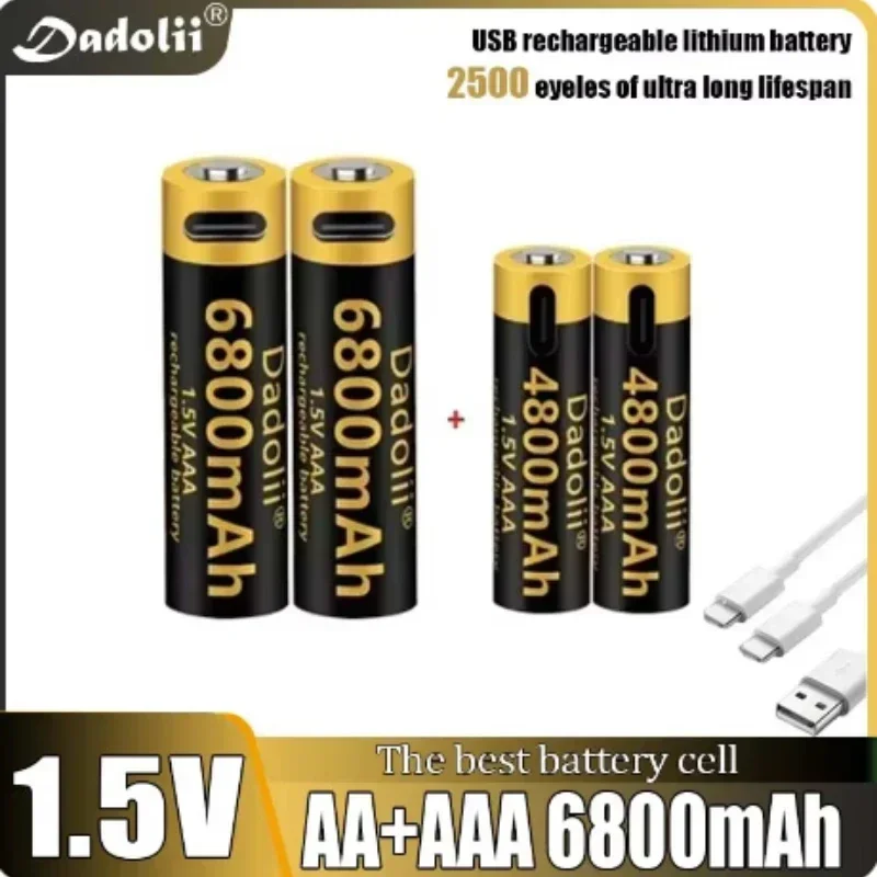 AA AAA Rechargeable Lithium Battery with Real 6800mWh 4800mWh High Capacity USB-C Direct Fast Charge 1.5V for Mic Toy Flashlight