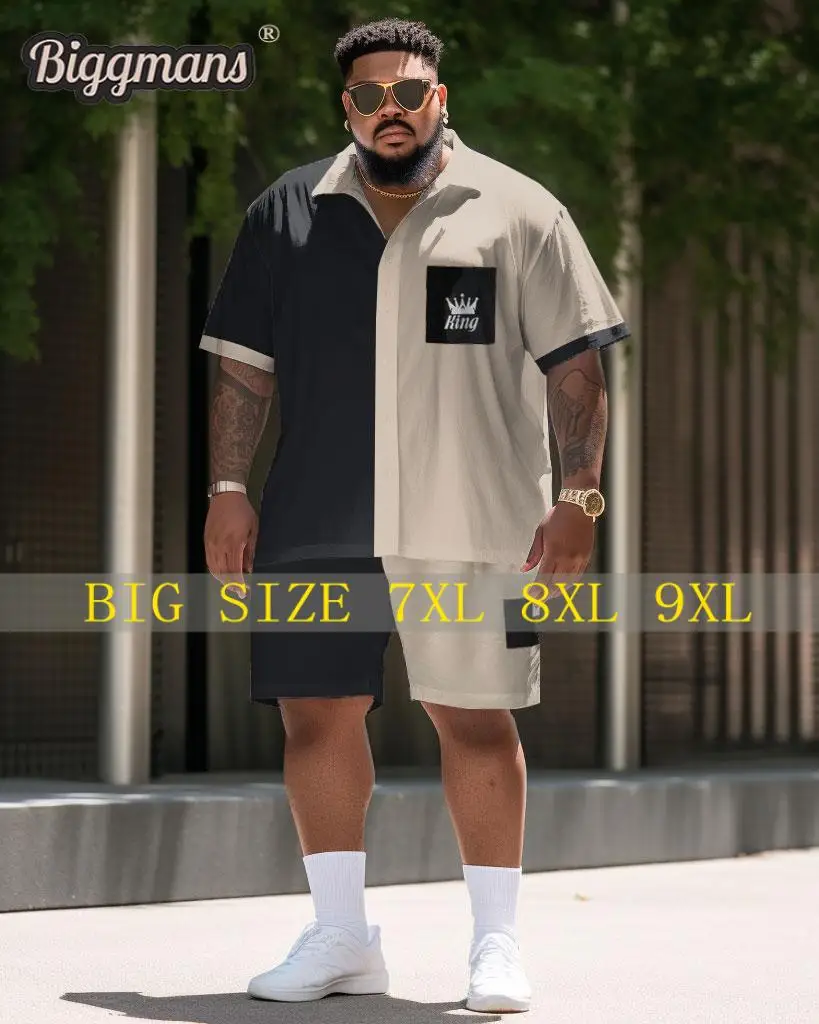 Biggmans Two Piece Shirt Sets for Men's Clothing Casual Color Matching Simple Retro Street Short Shirt Shorts Big Plus Size Suit