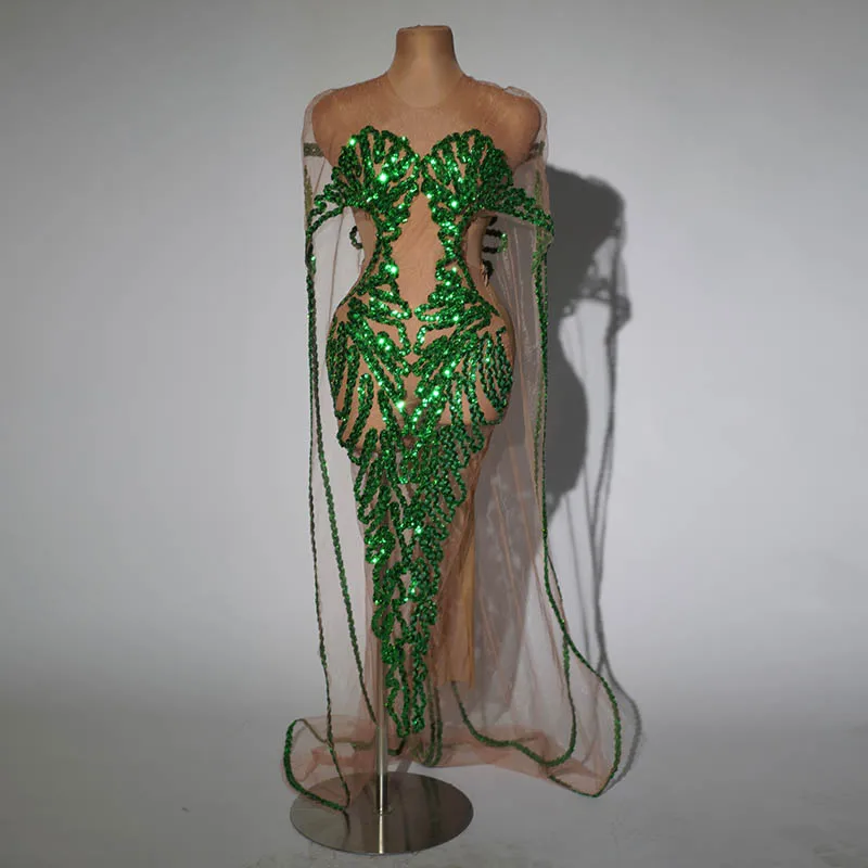 

Birthday Party Outfit Eleant Evening Dress Womn Gogo Nightclub Stage Costume Transparent Green Long Dress Festival Clubwear 2045