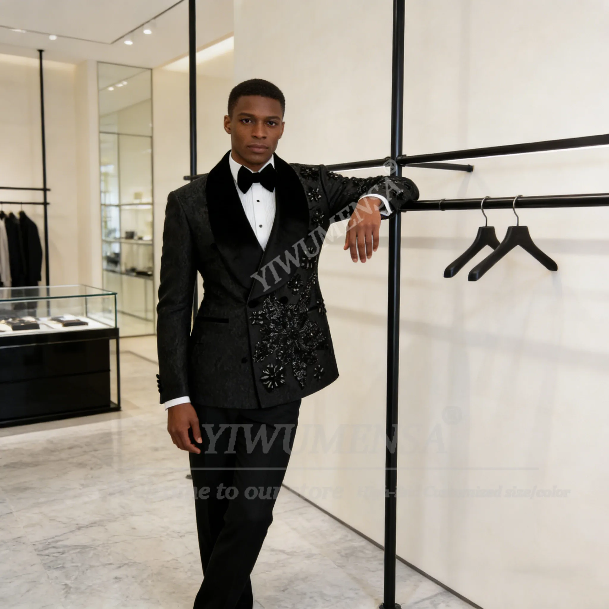 

Male Fashion Jacquard Suit Attire For Men Double Breasted Jacket Pants 2 Piece Set Groom Wedding Tuxedos Customized Man Outfits