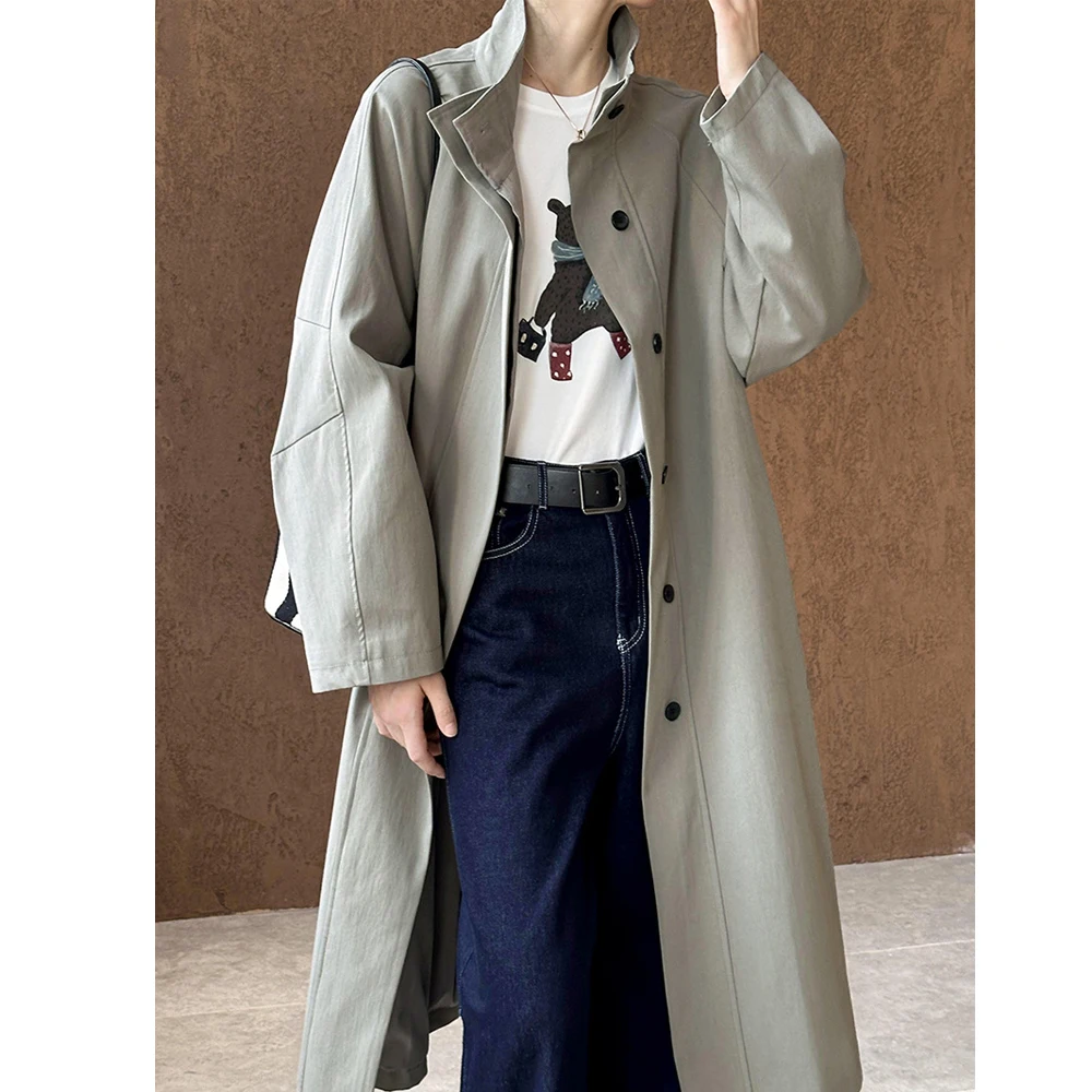 2024 Women Autumn Fashion Long Trench Coat Stand Collar 70% Cotton Women Coat Casaco Feminino New Trench Femme