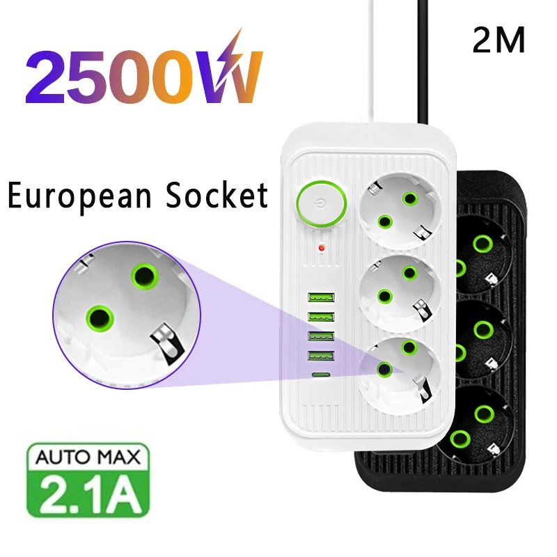 

EU Plug Power Strip 2M Extension Cord with 4 USB 1 Type-C Port Network Filter Charging Multiprise 3AC Outlets Electrical Socket