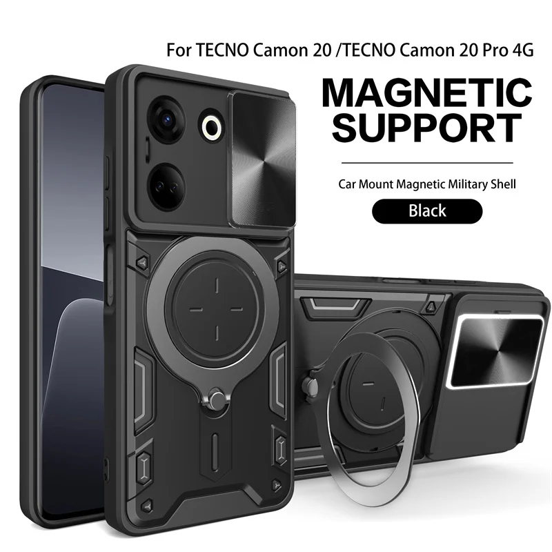 For Tecno Camon 20 Pro 4G 5G Case Magnetic Car Holder Ring Armor Phone Case For Tecno Camon20 20Pro Slide Lens Protect Cover