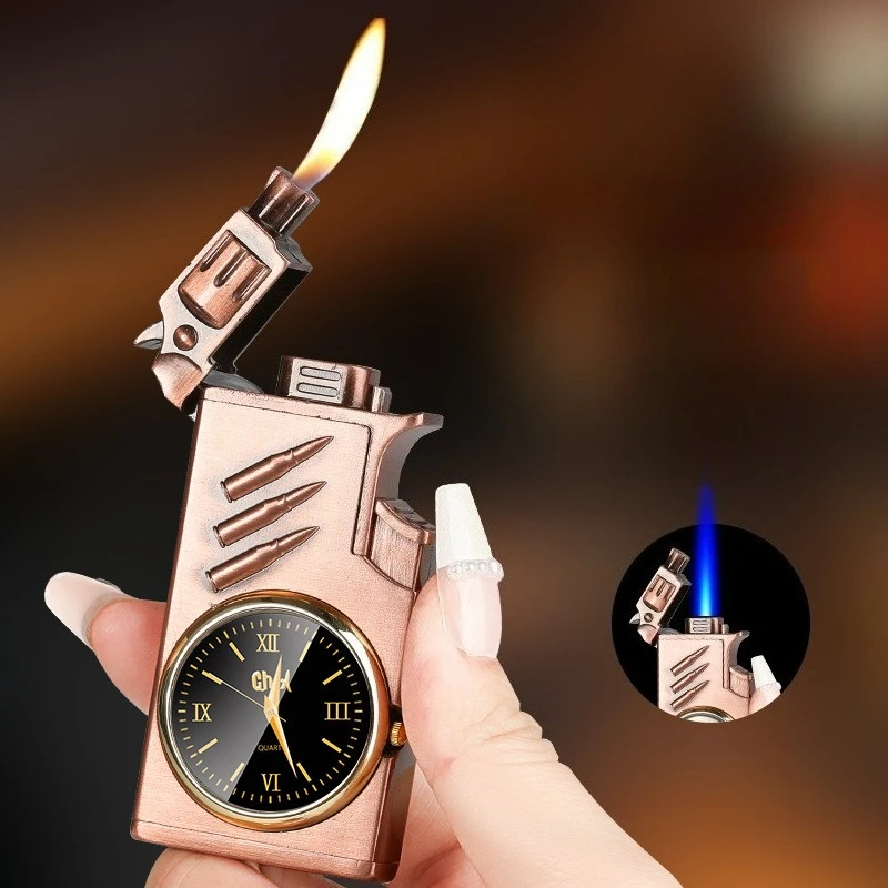 

New Metal Dial Dual Flame Lighter with Windproof Relief Pattern and Exquisite Open Flame Body Blue Flame Lighter Men's Gift