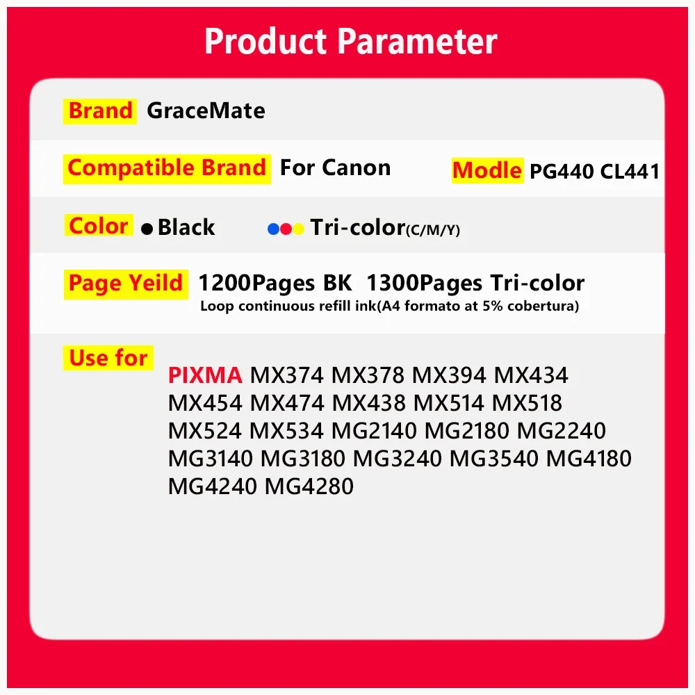 Pg440 Cl441 Refillable Ink Cartridge Compatible for Canon Pixma MX438 MX518 MX378 MX394 MX434 MX474 MX514 MX524 MX534 TS5140