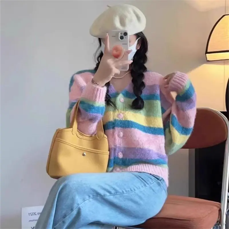 Cardigan aperto a righe slim fit lungo lavorato a maglia da donna di fascia alta Sve rotondo Ne Faionable Autunno Inverno Nuovo arrivo