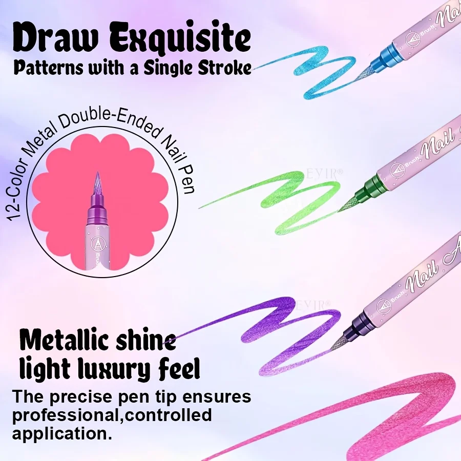12-Piece Metallic Nail Art Marker Pens + 24 Sheets Black Nail Stickers. Dual-Tip Design with Fine Pointed Tip and Brush Tip,