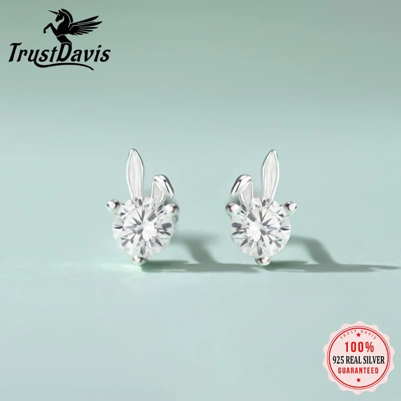 

TrustDavis 925 Sterling Silver 3D Animal Ear Stud Earrings with Round Sparkling Zircon Ideal Easter Birthday Daily Wear DS3936