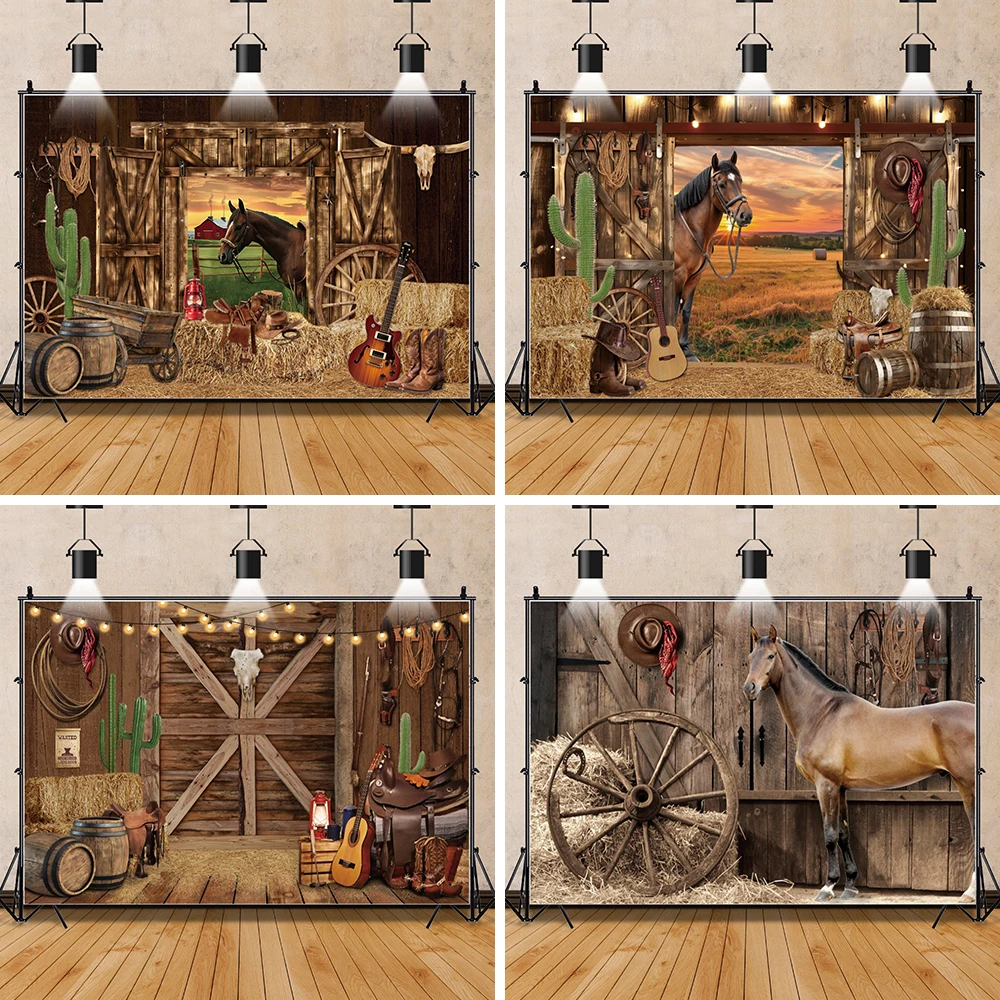 Western Cowboy Rustic Stables Photography Background Farm Barn Haystack Wheels Kids Birthday Party Backdrop Banner Holiday Decor