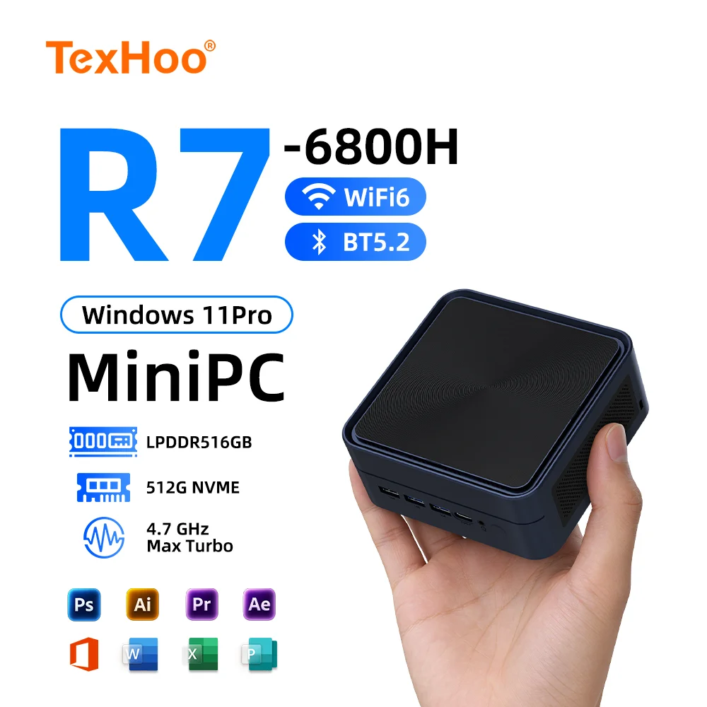 텍스후 미니 PC AMD 라이젠7 6800H CPU 4.7GHz 16GB LPDDR5 512GB NVME 윈도우 11 데스크탑 WIFI6 BT5.2 800MHz 듀얼 LAN PCIe 4.0 SSD