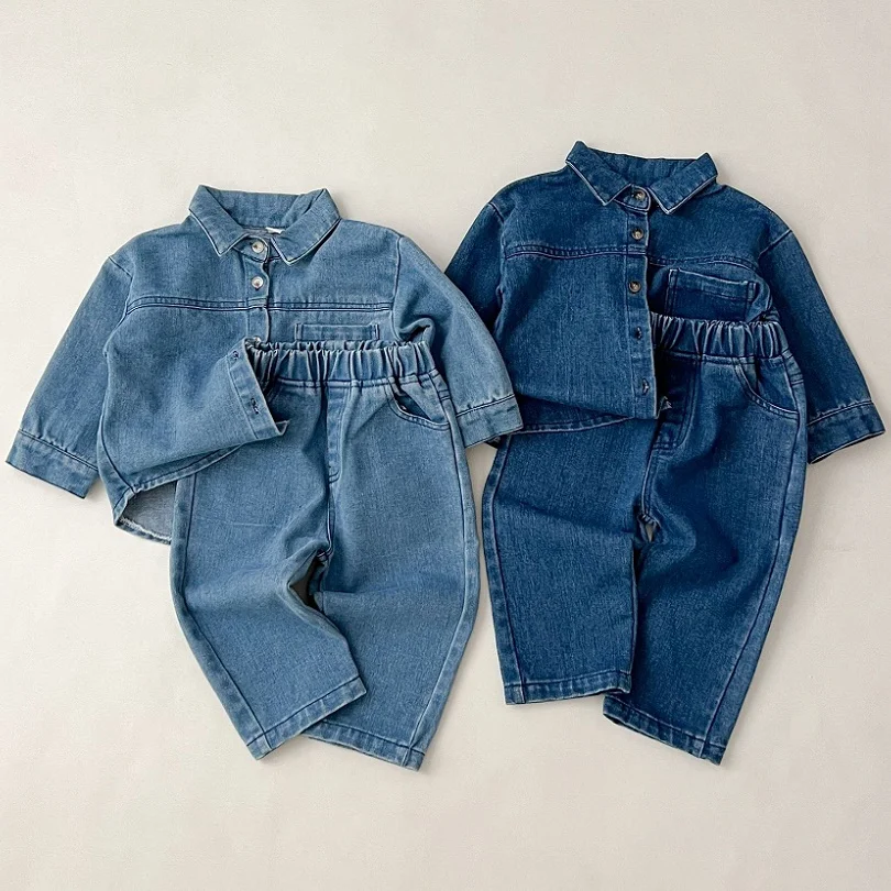 0-6-year-old Spring Children\'s Set New Fashionable Boys denim jacket cardigan long pants set Girls long sleeved top set