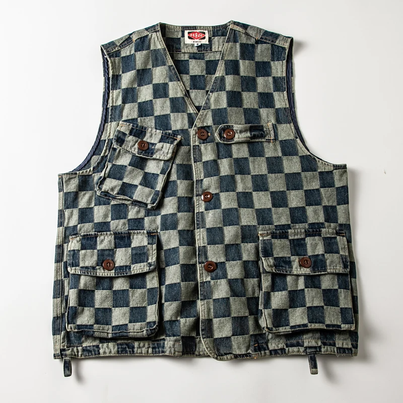 

Men's Japanese Multi-Pocket Retro Denim Locomotive Washed And Made old Plaid Denim Tooling Vest Loose Vest Jacket