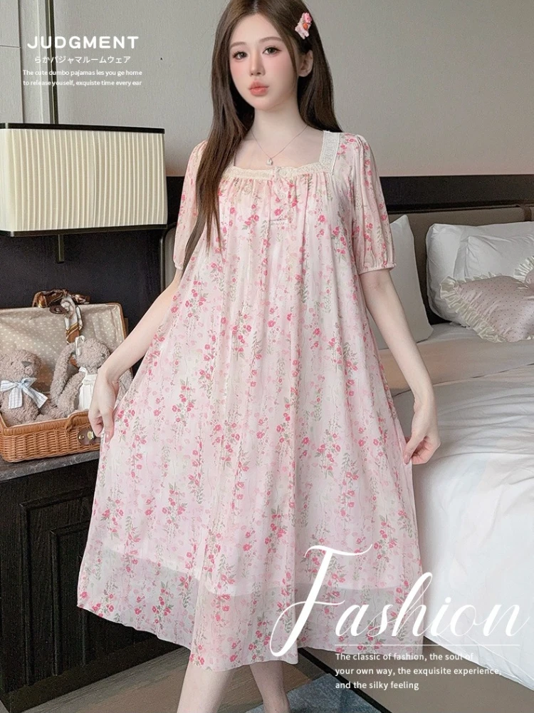 

Летняя женская ночная сорочка с встроенными чашечками, которую можно носить вне дома, в японском и корейском стиле, женская сетчатая пижама с коротким рукавом и принтом, в стиле придворной одежды