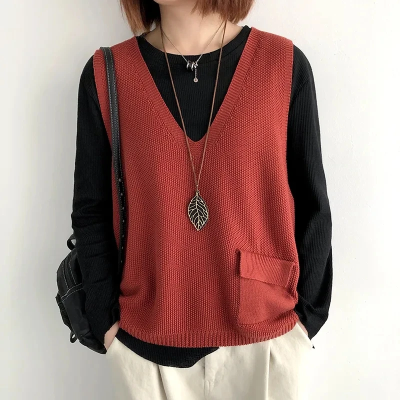 Autumn New Knit Waistcoat Women V-Neck Pullovers Large Size Sleeveless Sweater Loose Vest