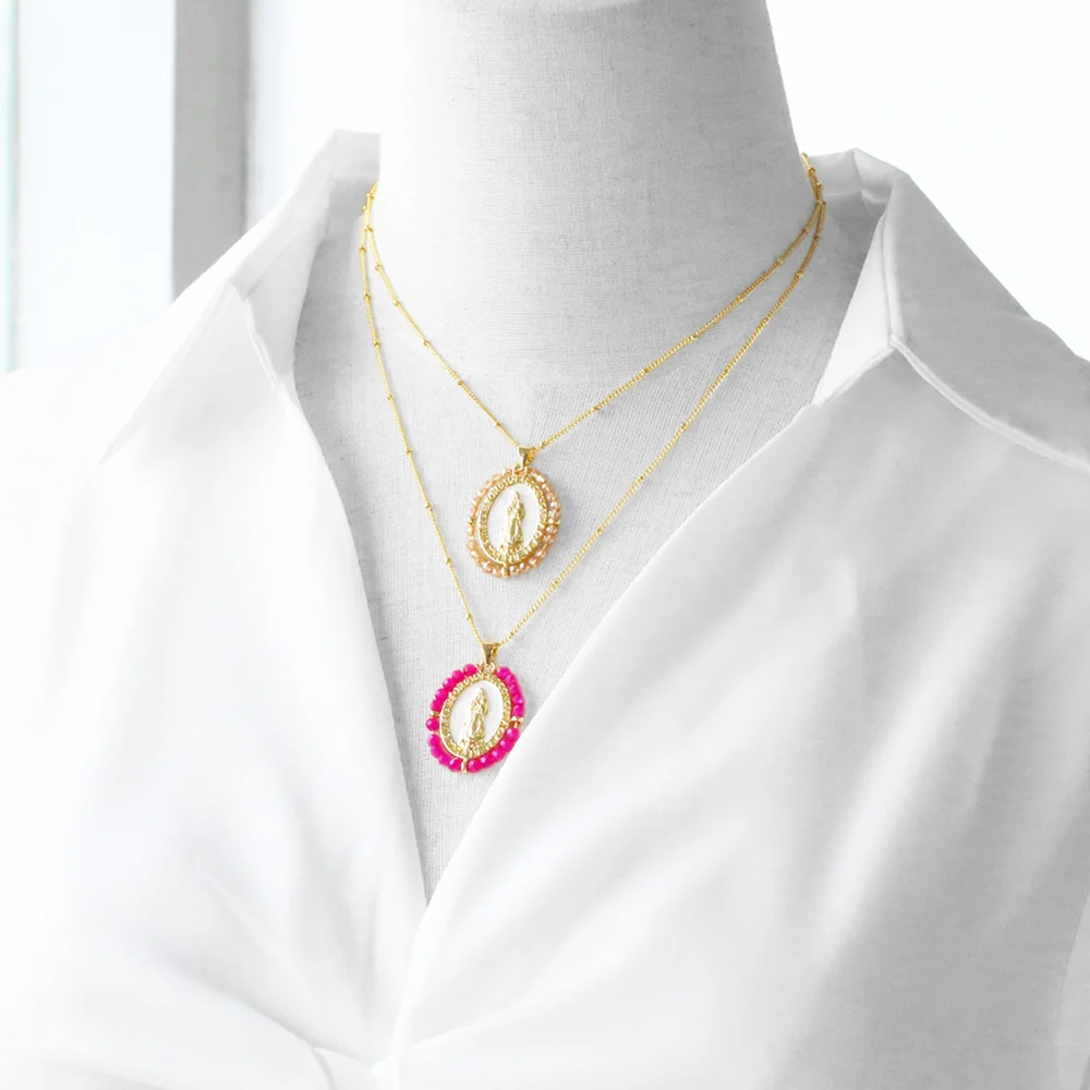 Round Gold Plated Virgin Mary Necklaces for Women Colorful Beads Disc Guadalupe Necklaces Religious Jewelry nkeu49