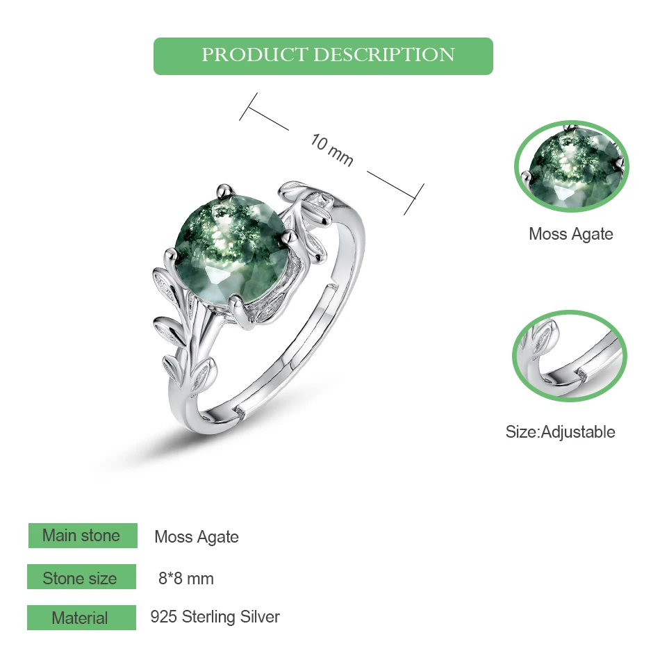 WES 925 Silver Natural Adjustable Olive Branch Moss Agate Promise Ring For Woman Unique Gem Wedding Jewelry Gift Box Wholesale