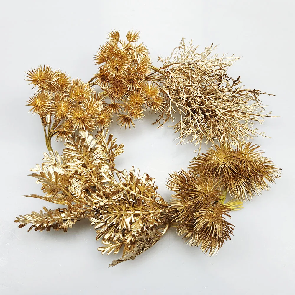 Ramas de aguja de pino falso, cono de pino falso dorado, plantas de copo de nieve para decoración de fiesta DIY, decoración de boda y hogar, 1 unidad