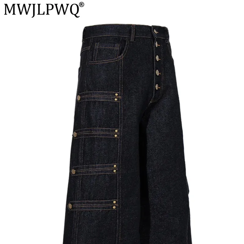 MWJLPWQ Casual Street Fashion Button-Decorated Jeans Men's Stylish American-Style Spliced Design Loose Wide-Leg Trousers 21435