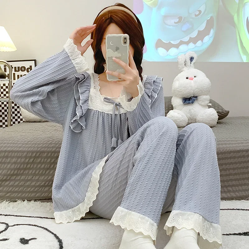 5XL Plus Size Spring Ladies Pajamas Set Princess Style Cotton Soft Sleepwear Squre Neck Long-sleeve Trousers suit Household Wear