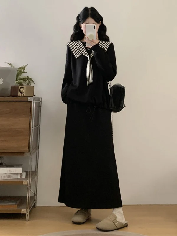 

Large Size Women's Fashion Set Navy Stripe Shoulder Shawl Black Sweatshirt Two-Piece Set Dress Casual Commute Style Autumn Wear