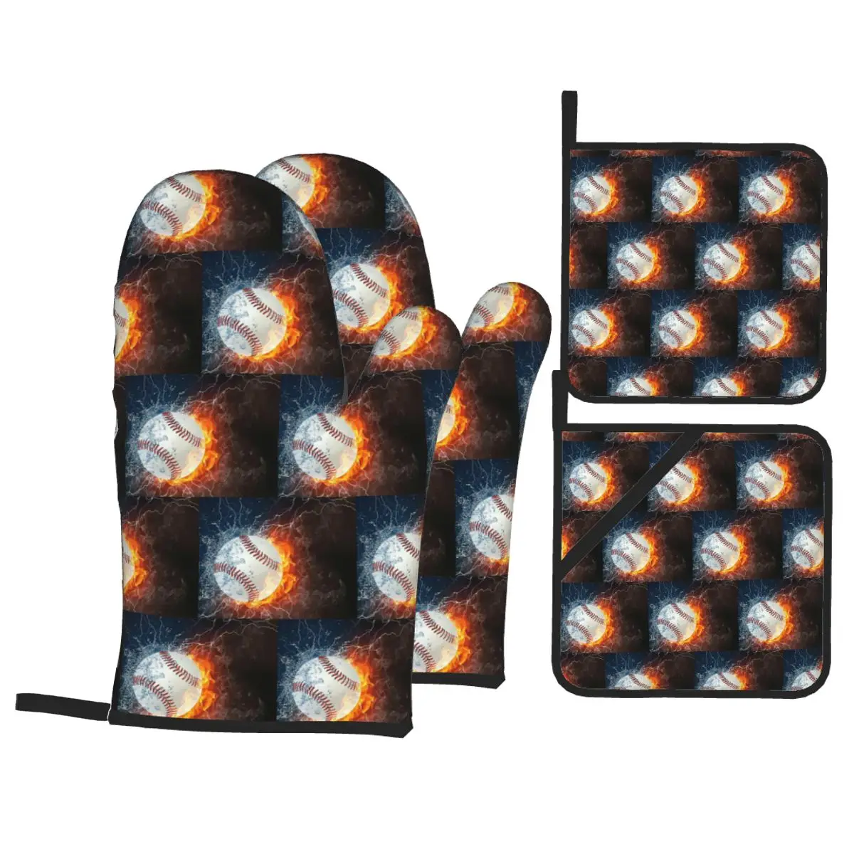 Baseball In The Fire And Water Oven Mitts and Pot Holder Sets of 4 for Baking Kitchen Cooking BBQ Resistant Non-Slip Gloves