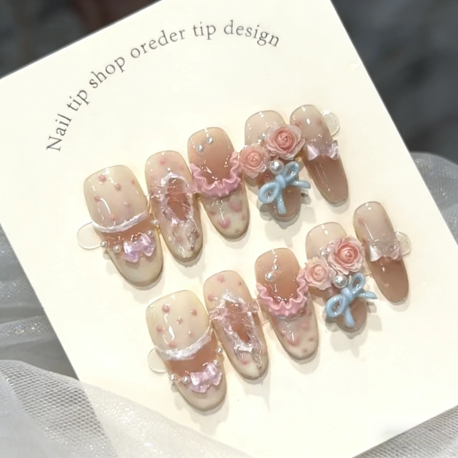 

10pcs Handmade Sweet Nude Pink Fake Nails Press On Nails with 3D Rose Bowknot Design Glossy Artificial Nails for Korean Girl