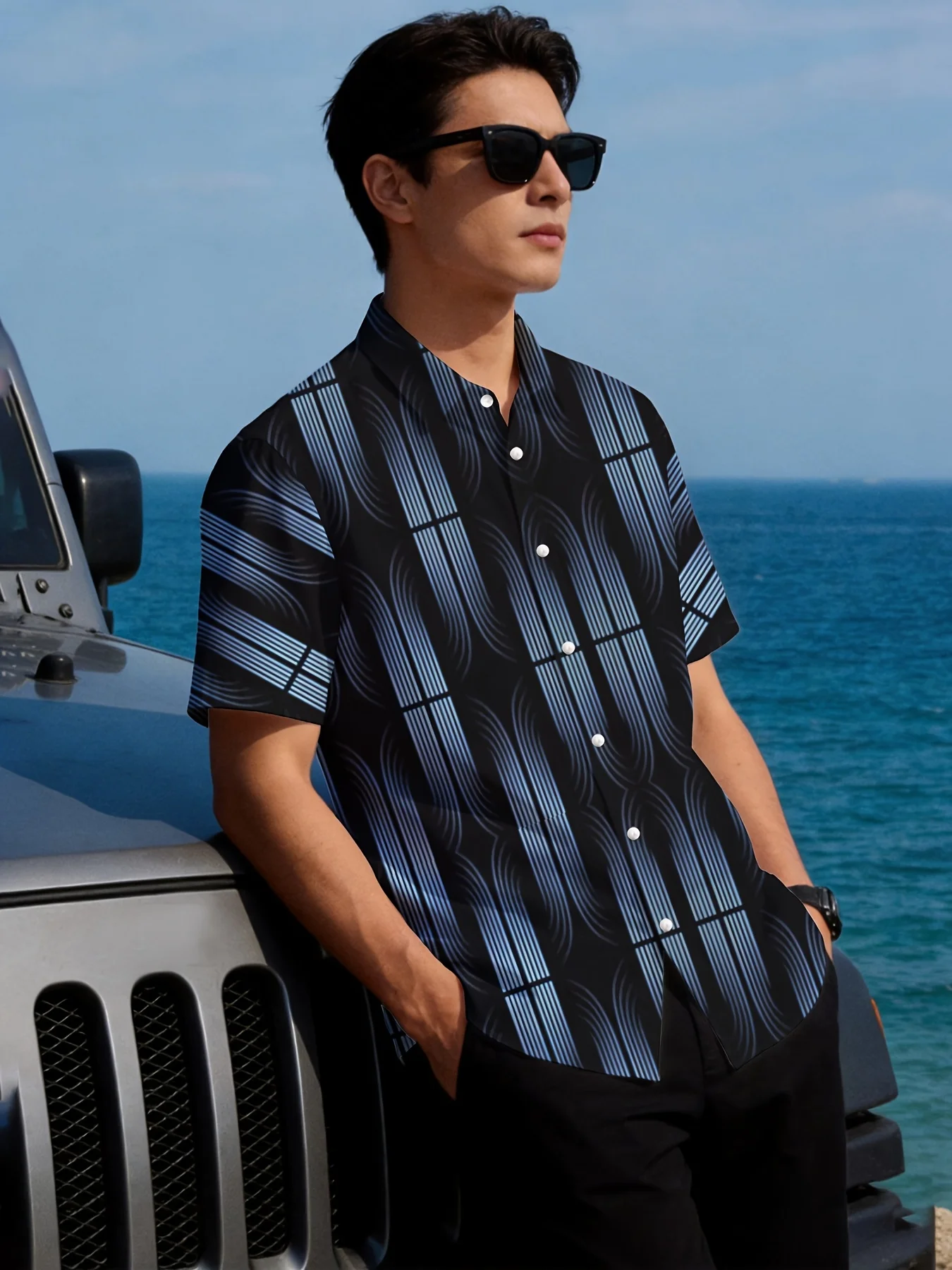 Retro Shirts Black Blue Vertical Curve Geometric Stripe Printed Loose Casual Short Sleeve Lapel Tops Men Clothes