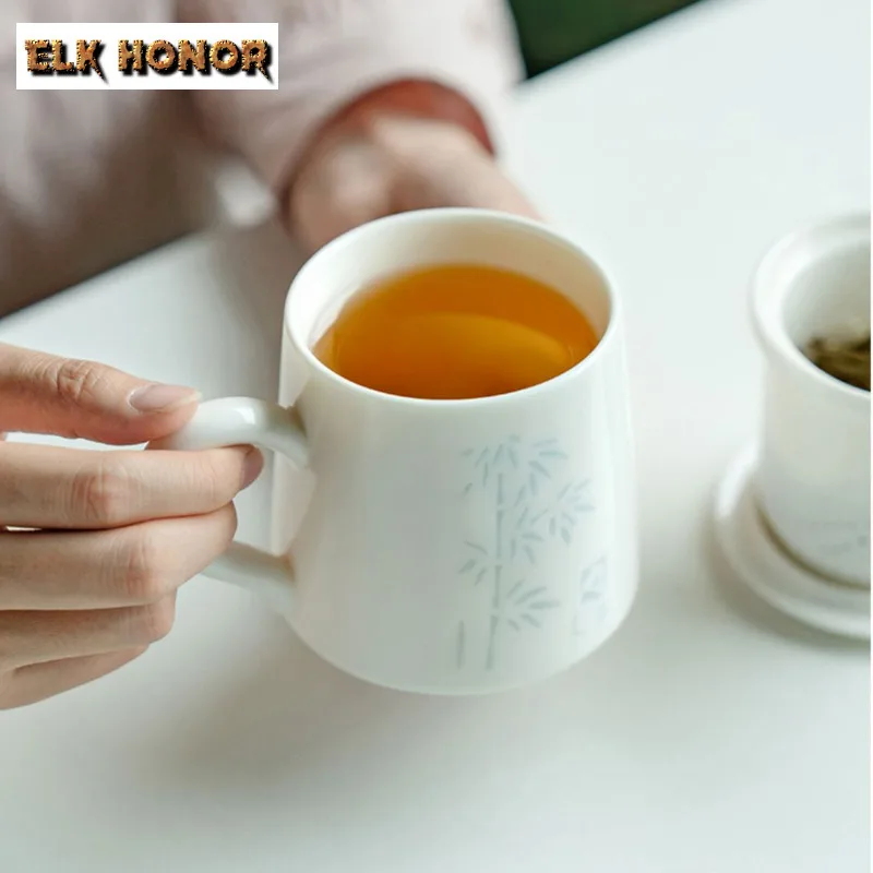 350ml Mutton Fat Jade Panda Bamboo Coffee Mug Couple Handgrip Cups Afternoon Tea Mug Office Water Cup Drinkware Decoration Craft