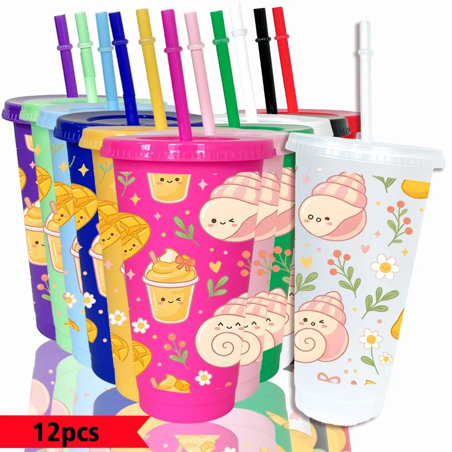 12個入り-パック-デザートシェル-花柄-26オンス-カラフルプラスチック製-パーティーカップ-冷たい飲み物用-新学期-誕生日プレゼントに