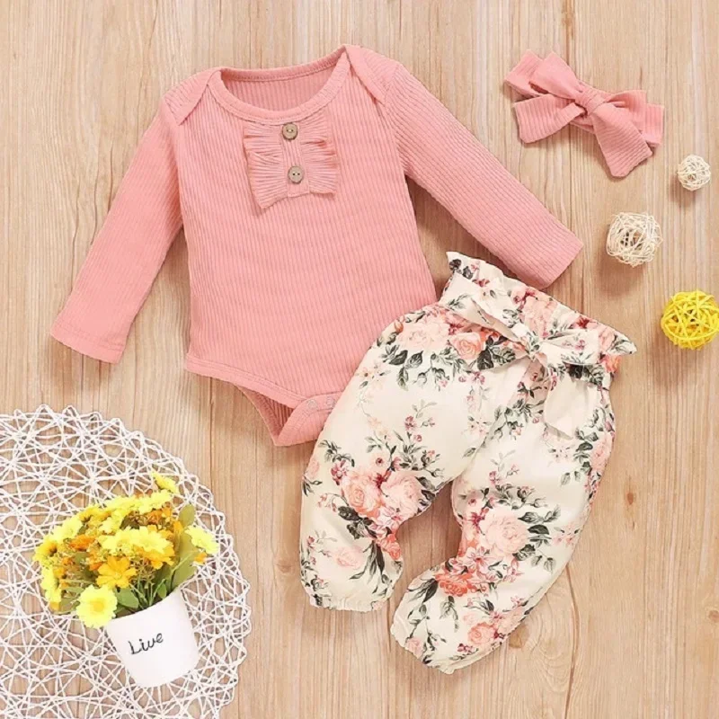 0-18M Baby Girls Clothes Set Toddler Knit Romper Spring Autumn Infant Newborn Cute Ruffle Long Sleeve Pants Headband Baby Outfit