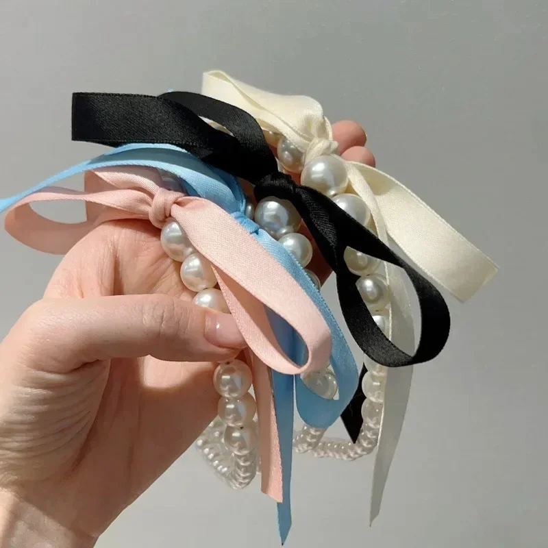 Pink Satin Pearl Hair Band Cream Color Girl Bow Ribbon Sweet Temperament Headband Hair Hoop Headwear Women Jewelry Accessories