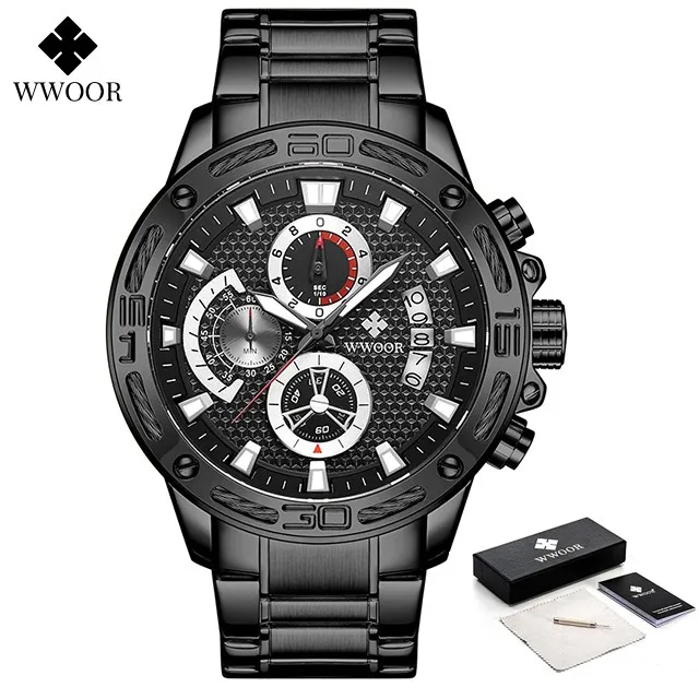 Fashion Men Watches Wwoor Top Brand Luxury Gold Full Stainless Steel Quartz Watch Waterproof Sport Chronograph Relogio Masculino