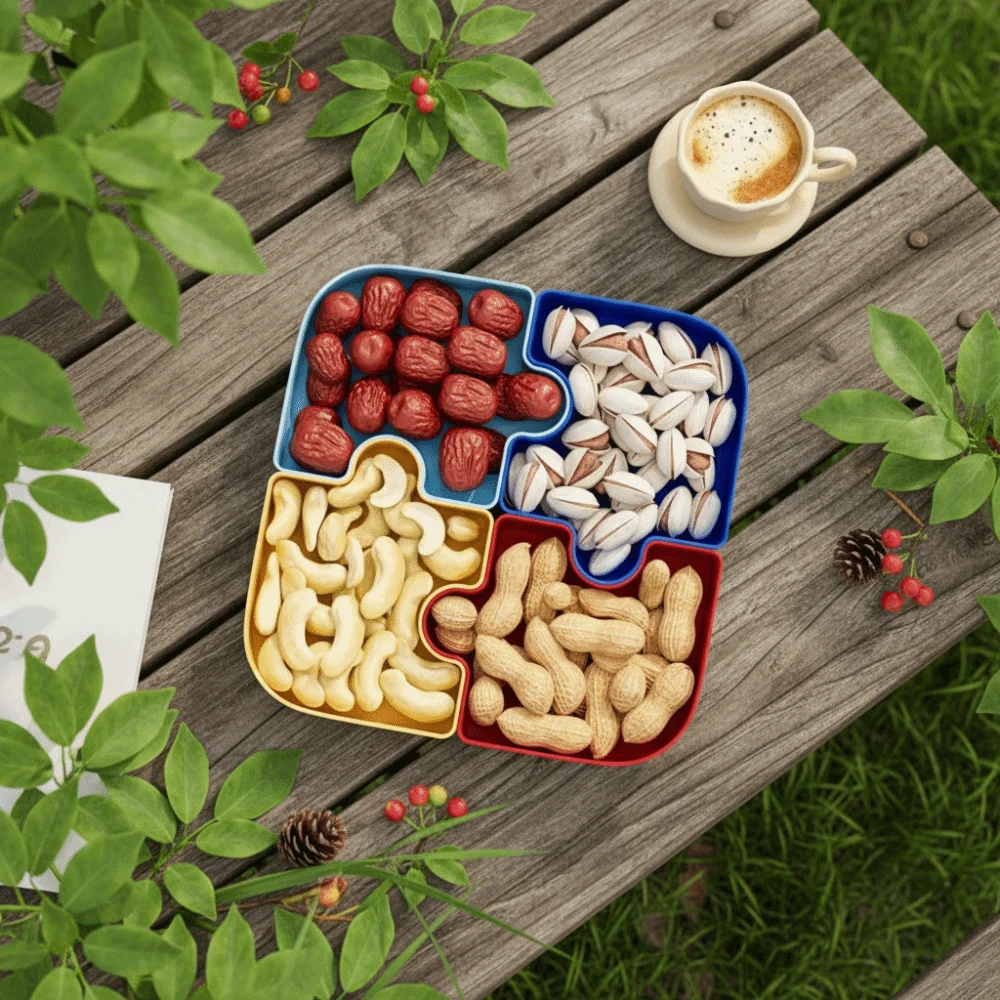 

Plastic Jigsaw Fruit Tray Compartmentalized Storage Dustproof Snack Tray Convenient with Visible Lid Candy Tray Dining Table