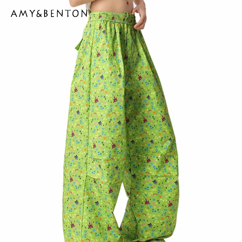 

Original Fluorescent Green Floral Print Beach Women's Trousers New Loose Slimming Versatile Quick-Dry Wide-Leg Long Pants Ladies