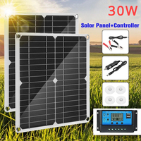 Solar Panel 12V System Kit Camping USB DC Tablet Outdoor 30W Power Portable Waterproof Battery Charger