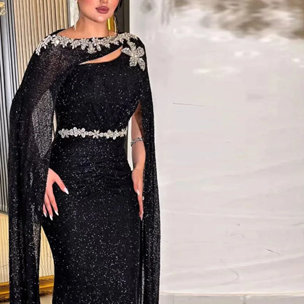 Customized Brilliant Evening Dress with Cape One Shoulder Mermaid Formal Occasion Gown Crystal Belt Fishtail vestidos de noche