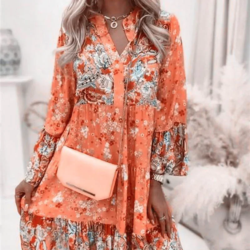 

Summer Dress Bohemian Print Patchwork Flare Sleeve Pleated V-Neck Skirt Layered Mini Dress RFRER