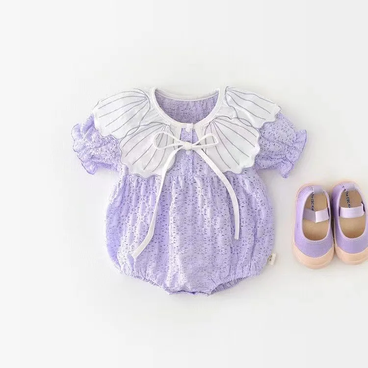 Bubble-Onesie für Kleinkinder, Mädchen, mit Rüschen, kurzen Ärmeln und Schleife vorne, süßes Sommer-Alltagsoutfit für Mädchen – Detail 3