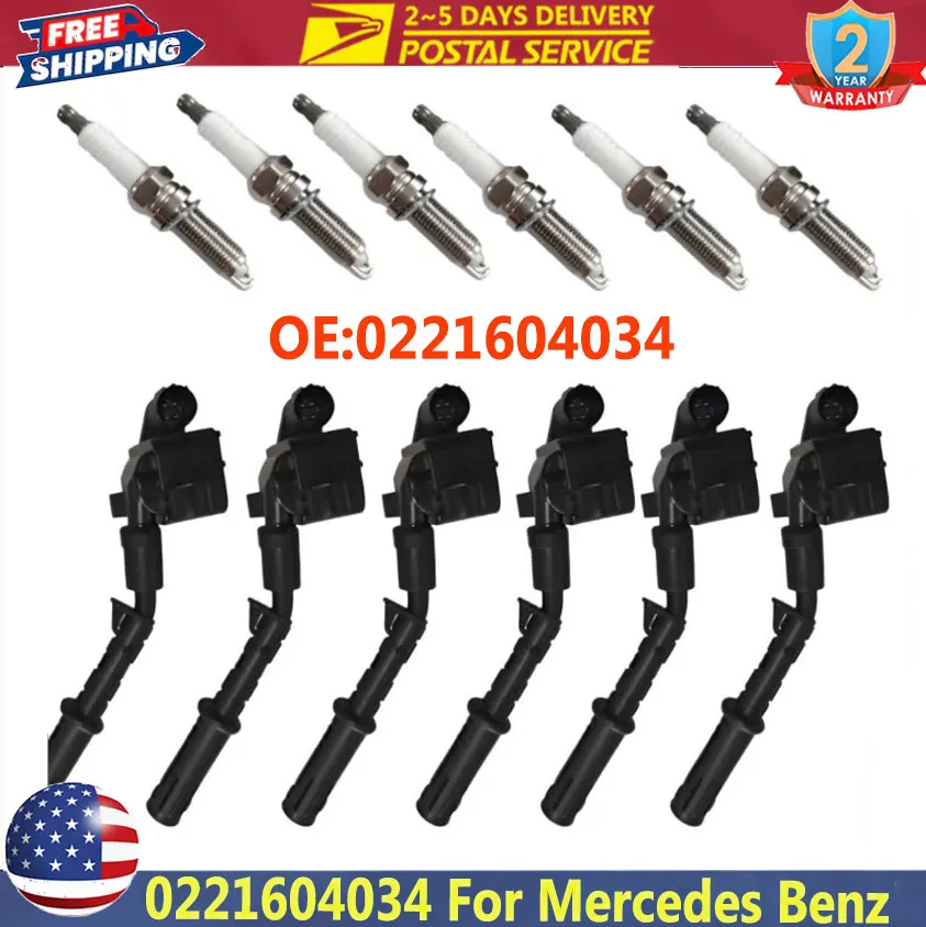 

6PCS 0221604034 Ignition Coils Set With Spark Plug Connector For Mercedes-Benz Series