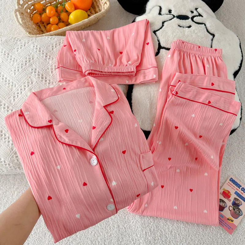 

Women's New Pajamas Korean Style Simple Heart Wrinkle Fabric Short Sleeve Pajamas Summer Short Sleeve Homewear Three-Piece Set