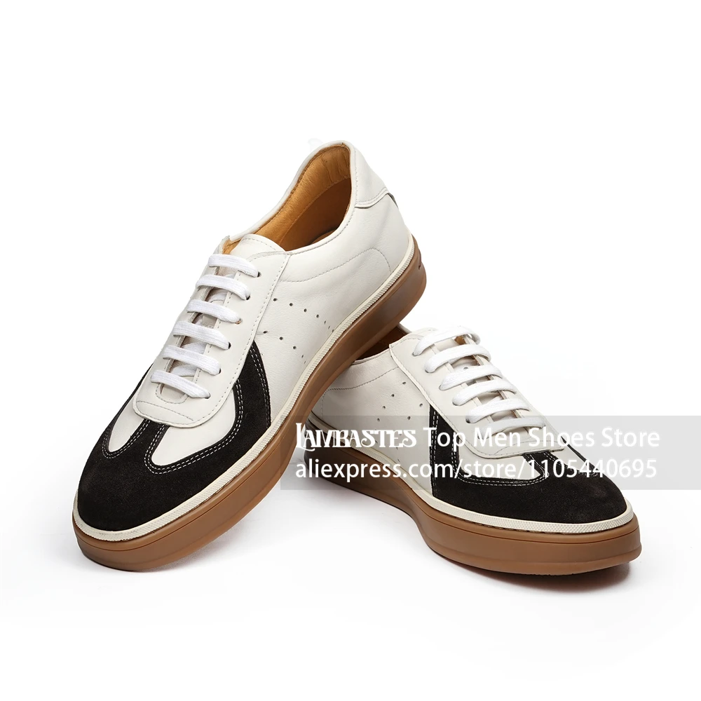 Black White Leather Suede Panel Low Top Sneakers Retro Gum Sole Lace Up Casual Leather Shoes Mixed Material Retro Daily Sneakers