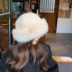 Winter Thick Warm Furry Beanies Hat Women Fashion Imitation Mink Fur Russian Cap Solid Color Plush Brimless Cap Brimless Ski Hat