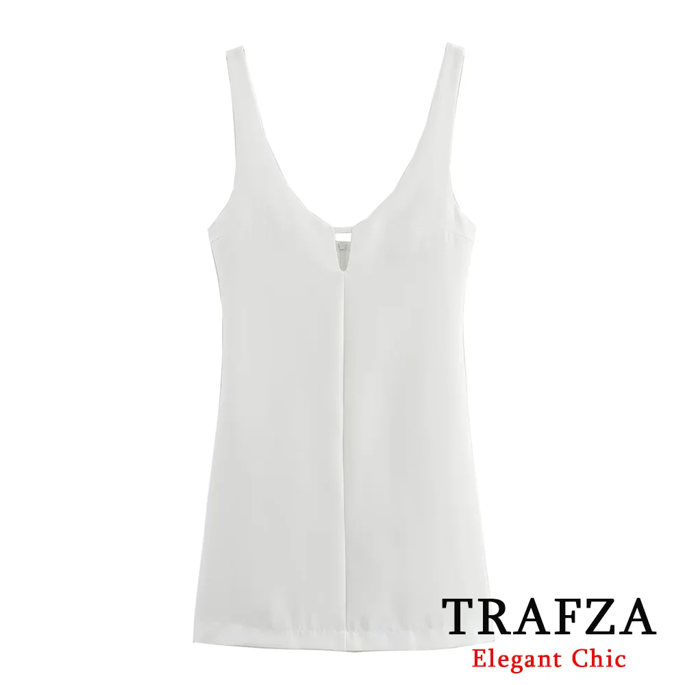 TRAFZA-mini vestido branco sexy para mulheres, vestido feminino com cami, zíper plissado, vestido elegante para festa, praia e férias, moda verão, 2024