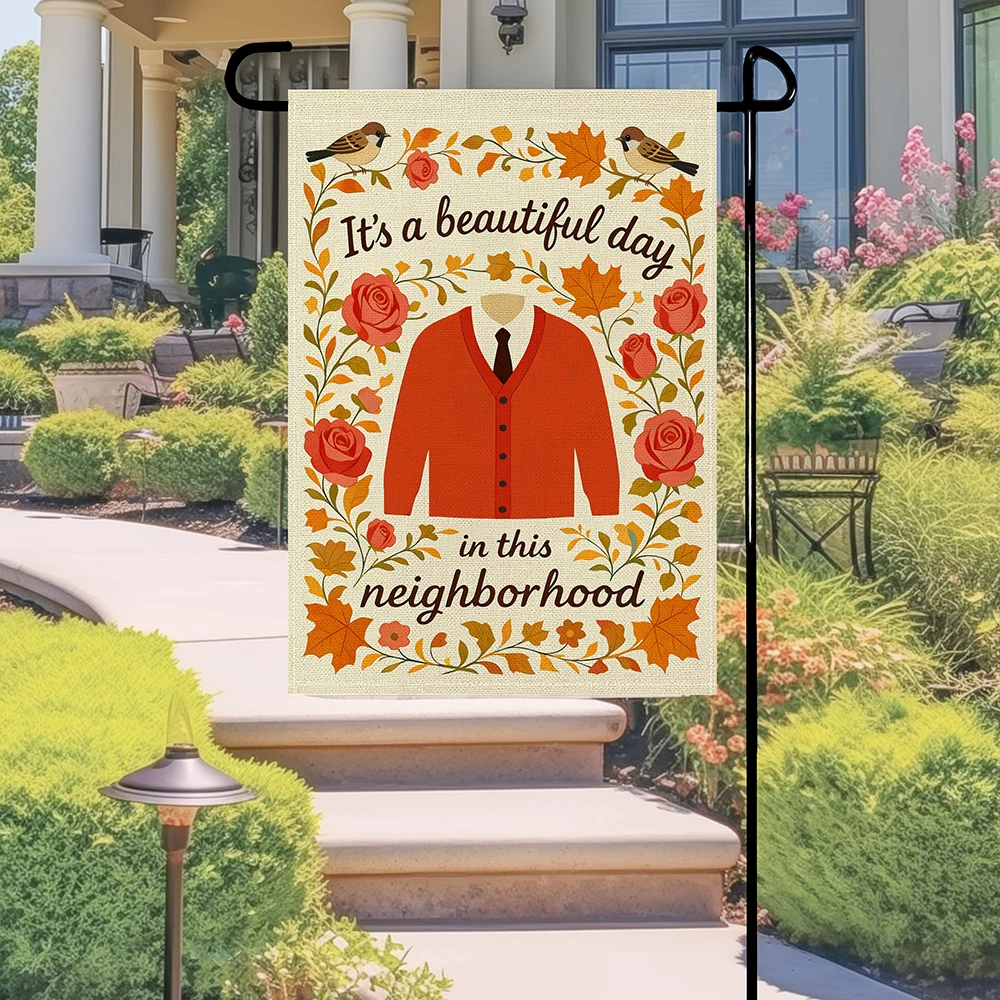 

Один садовый флаг с надписью "Have a Wonderful Day", вдохновленный Мистером Роджерсом, с теплым осенним дизайном, изображающим оранжевый кардиган, розы и...
