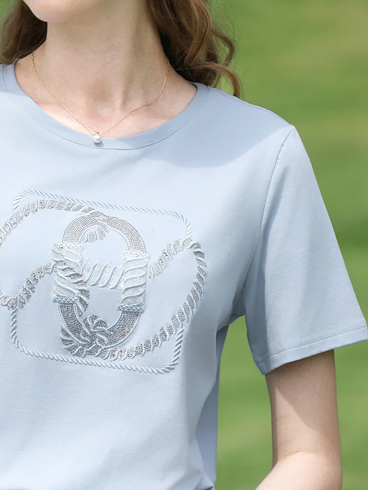 ICH GLAUBE SIE Kurzarm T-shirt frauen Perlen Stickerei Oansatz Top 2025, Sommer Neue Casual Blau T Weibliche Kleidung 2252016037