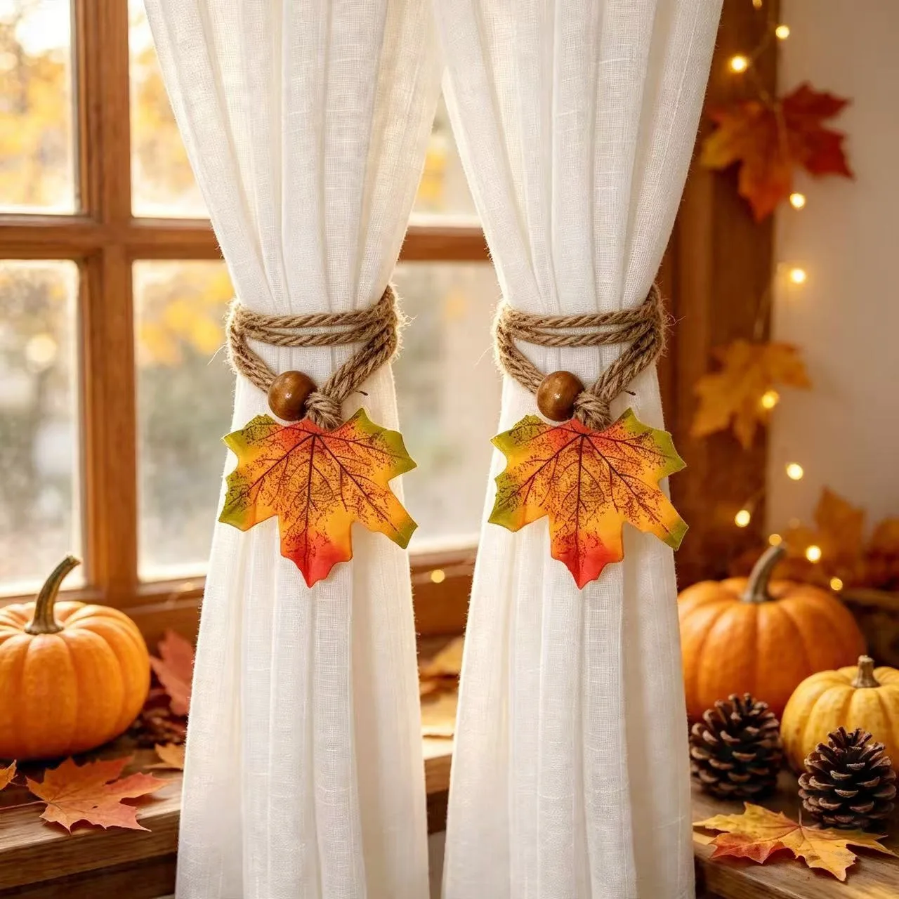 Simulated Maple Leaf Curtain Tiebacks, Adjustable Jute Rope Wooden Bead Curtain Holdback for Living Room Window Decoration