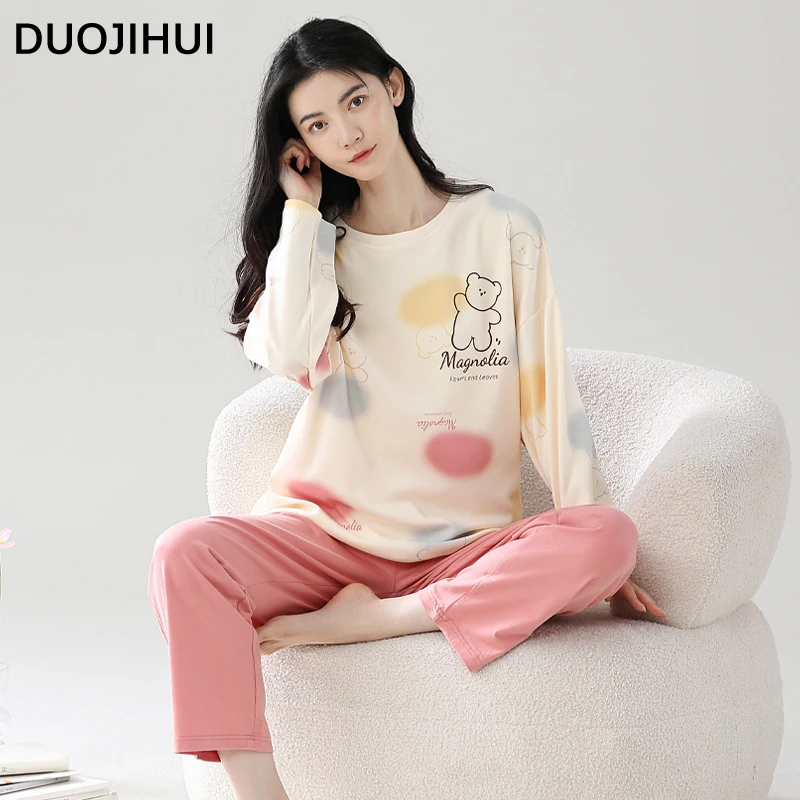 DUOJIHUI-Ensemble de Pyjama Imprimé Simple pour Femme, Chic, Poche, Basique, Mode, Doux, Classique, Décontracté, Maison, Automne, Nouveau